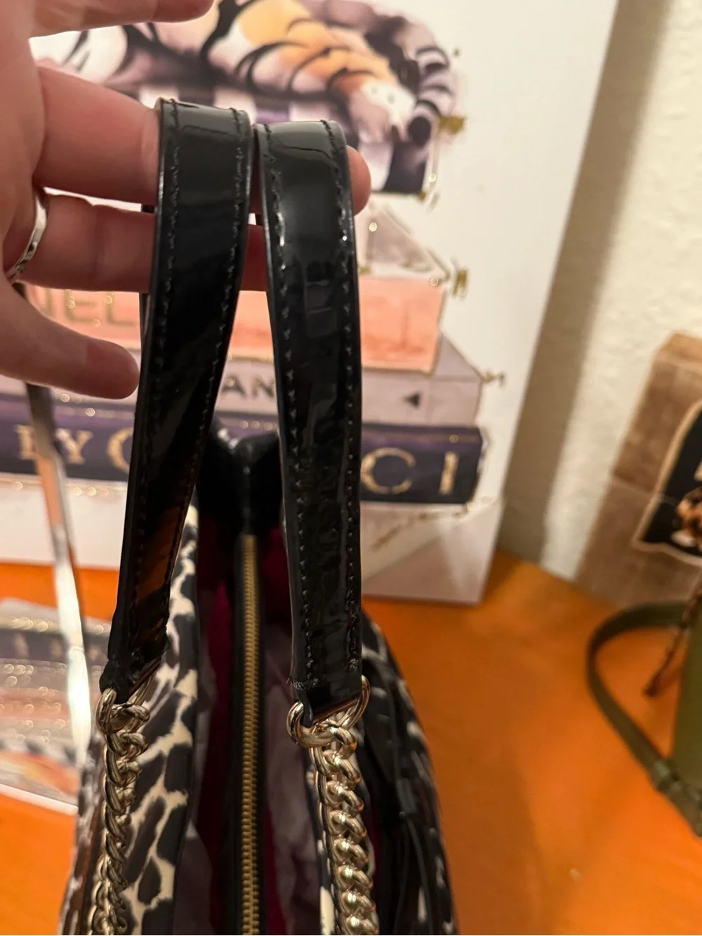 kate spade Black and White Leopard Print Shoulder Bag with Gold Chain Handles